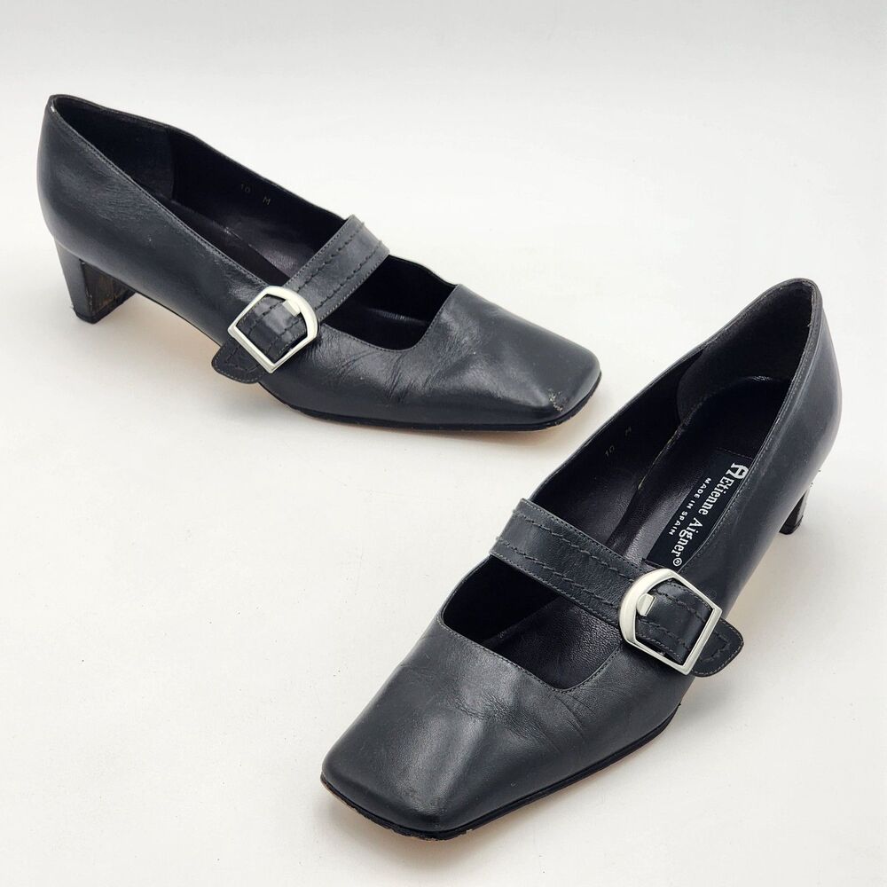 Etienne Aigner Vintage Leather Mary Jane Pumps Buckle Heel Shoes Black Size 10